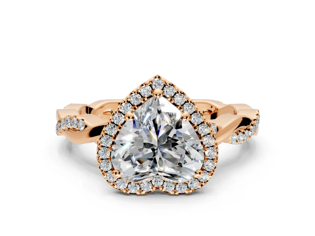 Halo Engagement Ring Setting for Heart-Shaped Center with Pave and Plain Twist Band and Prong Head in Rose Gold