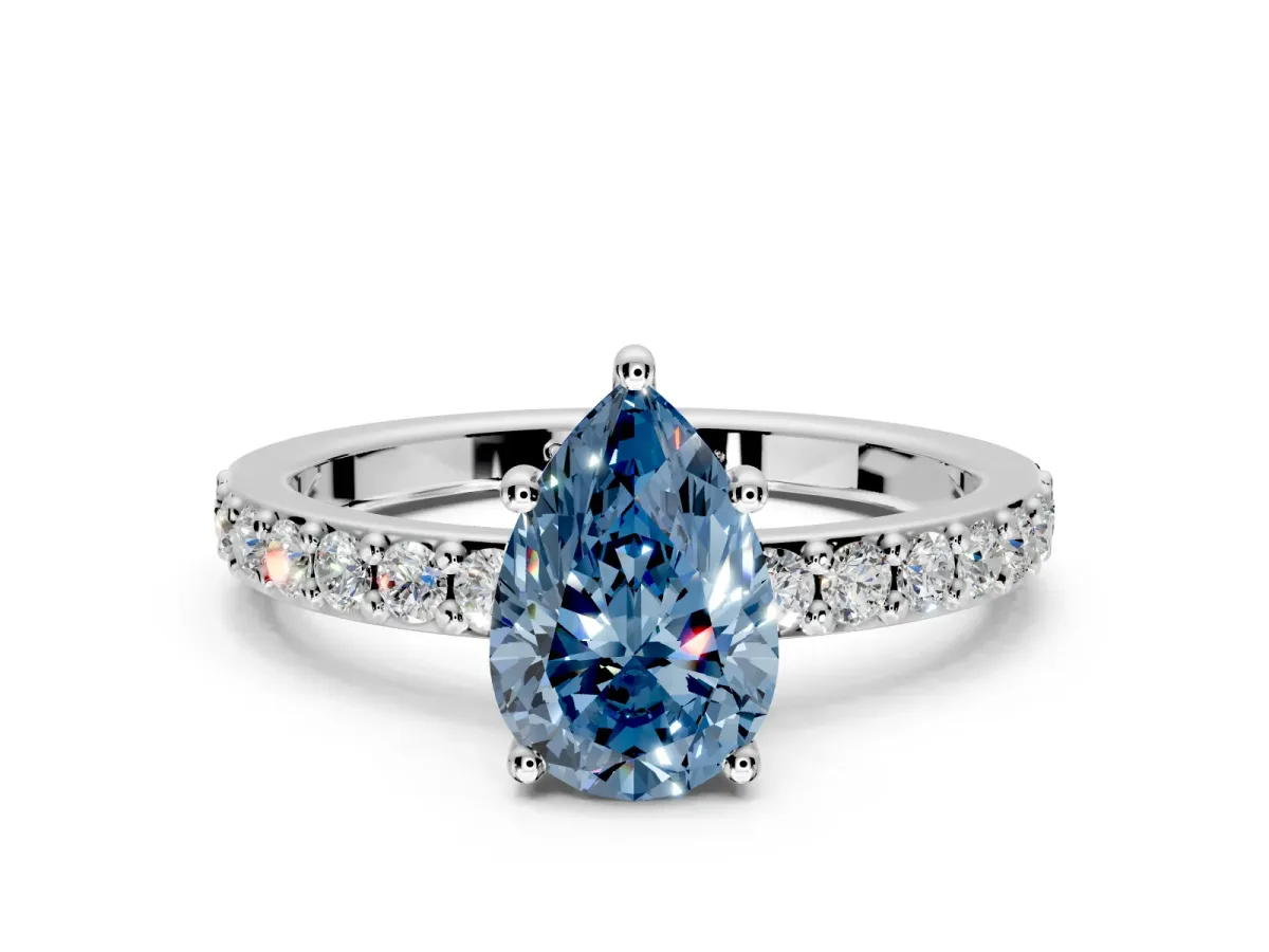 Solitaire Engagement Ring Setting for Fancy Blue Pear-Shaped Center with Round Cut Pave Band and Prong Head in Sterling Silver