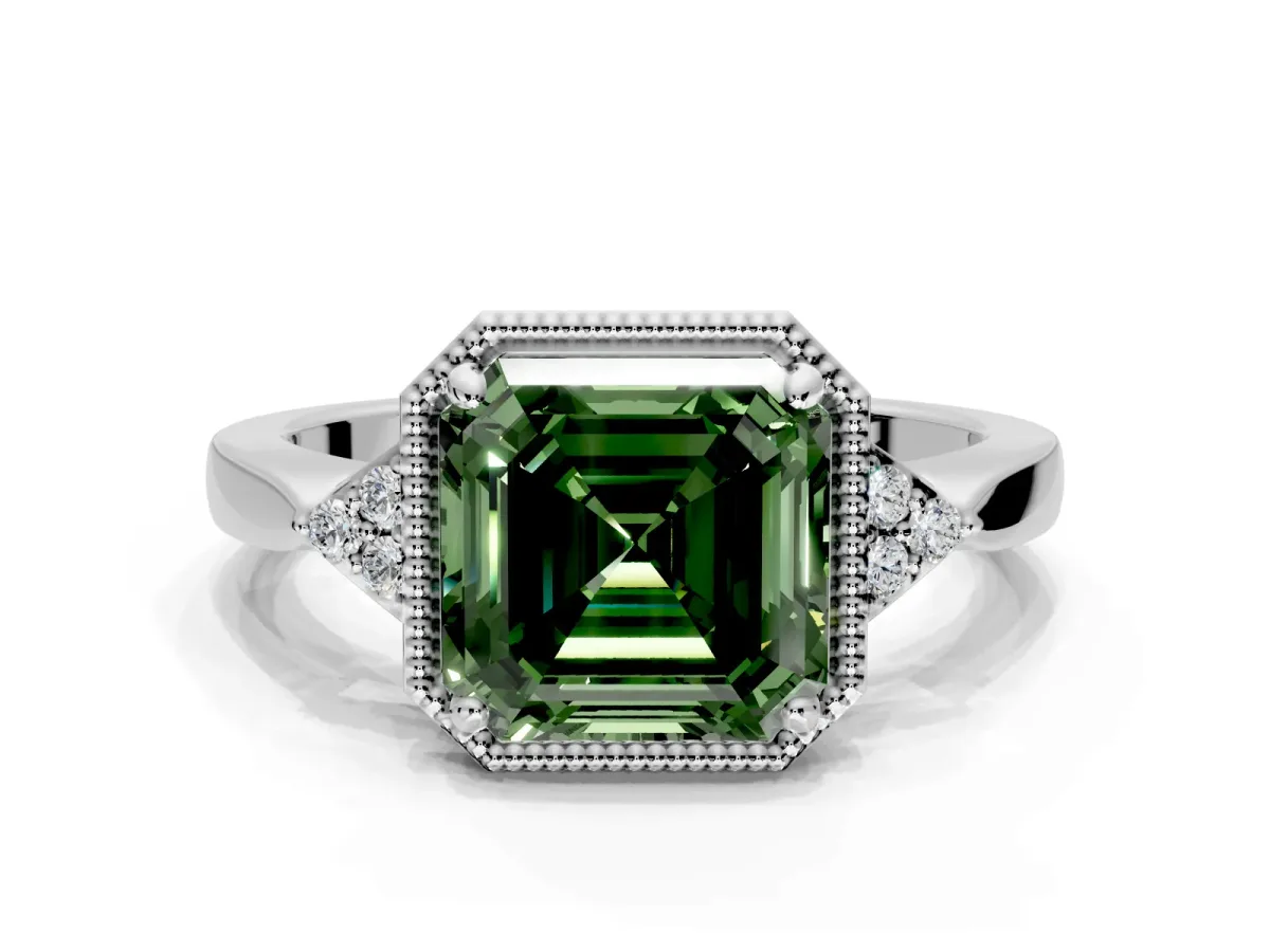 Cluster Engagement Ring Setting for Fancy Green Asscher Cut Center with Milgrain Shoulder Clusters and Prong Head in Sterling Silver