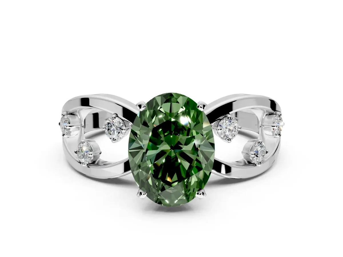 Solitaire Engagement Ring Setting for Fancy Green Oval Center with Criss-Cross Accent Band and Prong Head in Platinum
