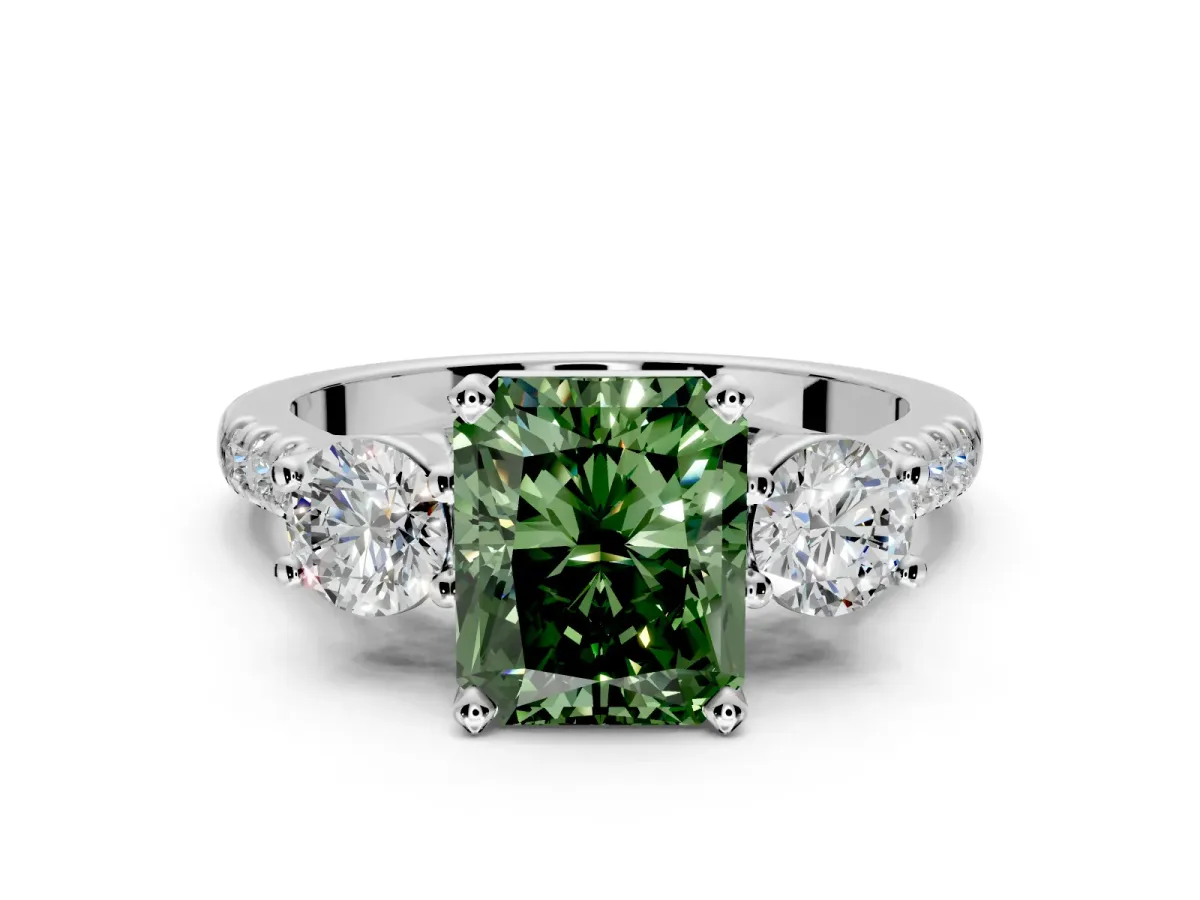 3 Stone Engagement Ring Setting for Fancy Green Radiant Cut Center with Crossover Basket, Pave Band and Prong Head in White Gold