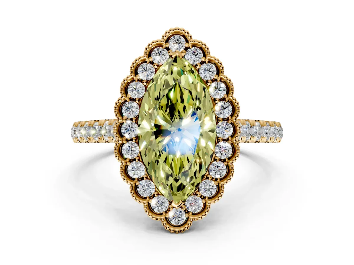 Milgrain Floral Halo Engagement Ring Setting for Fancy Yellow Marquise Center with Pave Band and Prong Head in Yellow Gold