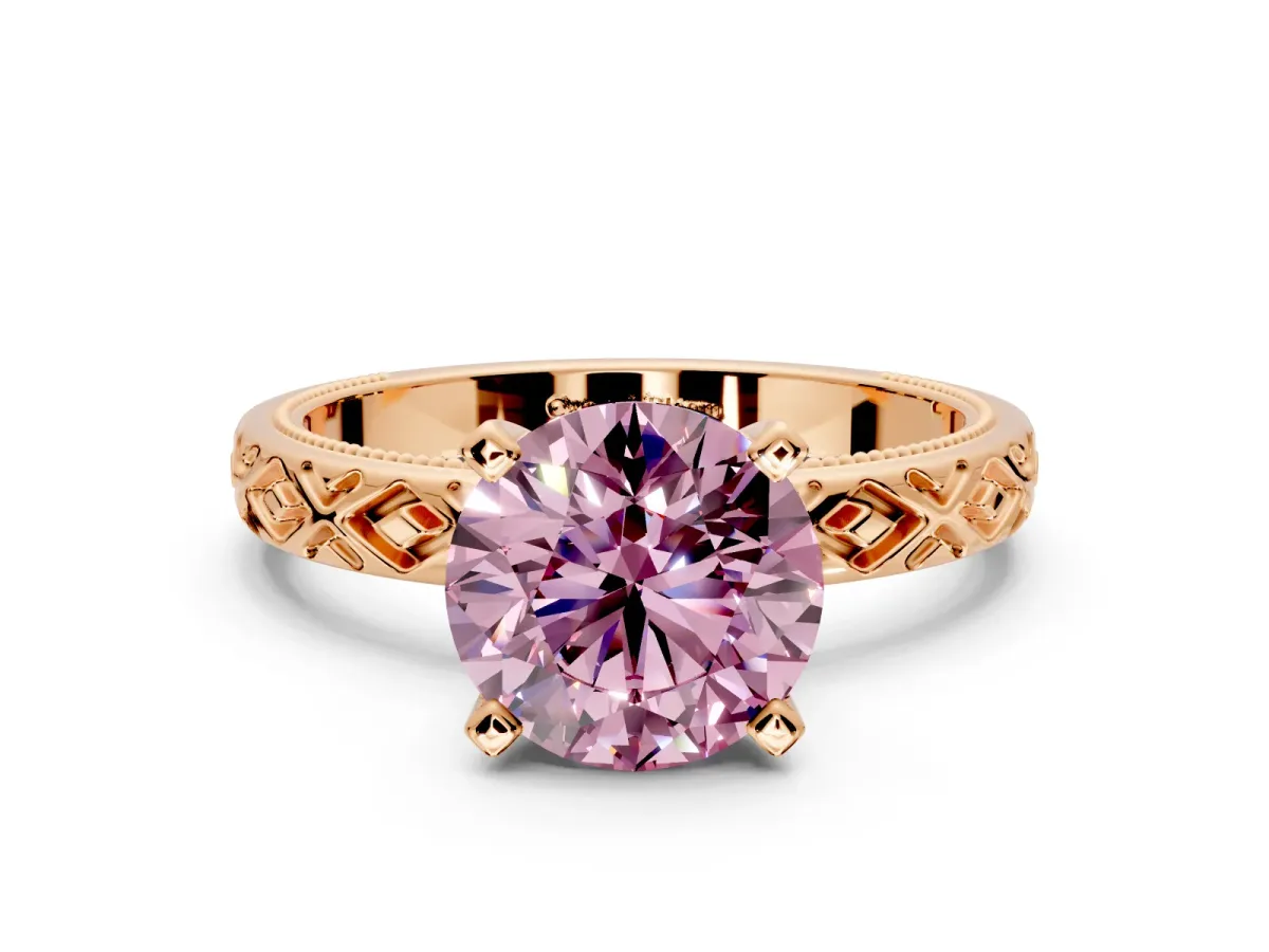 Solitaire Engagement Ring Setting for Fancy Pink Round Cut Center with Milgrain X Pattern Band and Prong Head in Rose Gold