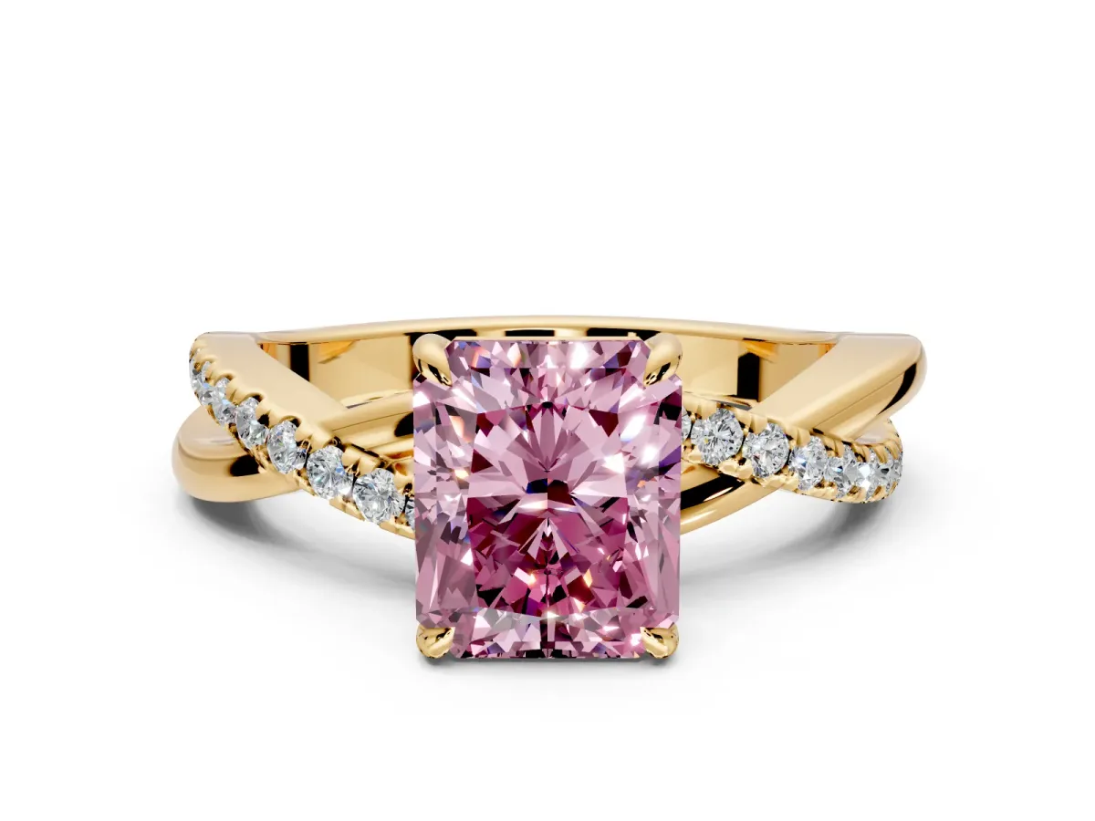 Crossover Engagement Ring Setting for Fancy Pink Radiant Cut Center with Pave and Plain Strands and Prong Head in Yellow Gold