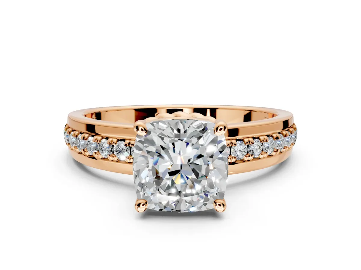 Solitaire Engagement Ring Setting for Cushion Cut Center with Raised Channel Band and Prong Head in Rose Gold