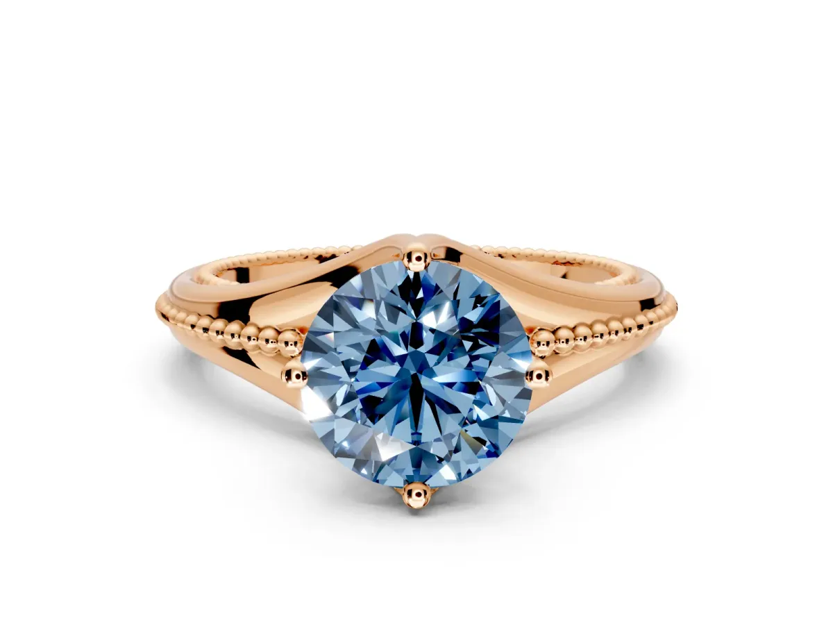 Solitaire Engagement Ring Setting for Fancy Blue Round Cut Center with Milgrain Cathedral Band and Prong Head in Rose Gold