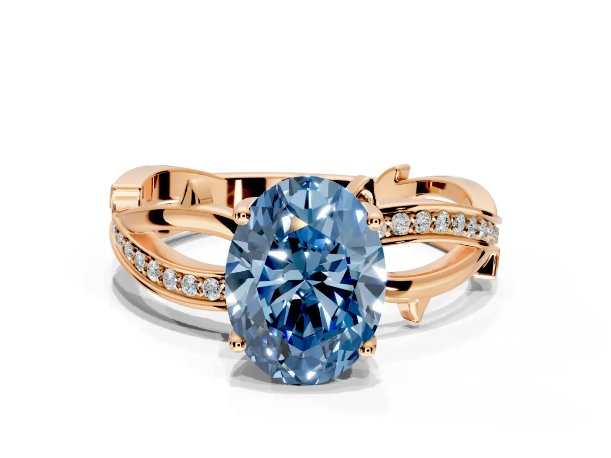 Solitaire Engagement Ring Setting for Fancy Blue Oval Center with Pave and Plain Crossover Band and Prong Head in Rose Gold