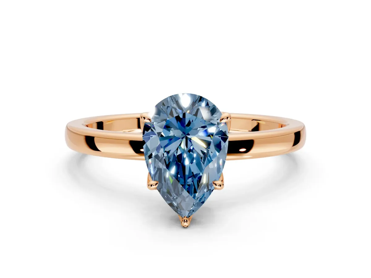 Solitaire Engagement Ring Setting for Fancy Blue Pear-Shaped Center with Thin Rounded Plain Band and Prong Head in Rose Gold