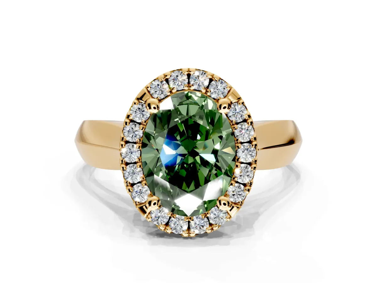Halo Engagement Ring Setting for Fancy Green Oval Center with Square Band and Prong Head in Yellow Gold