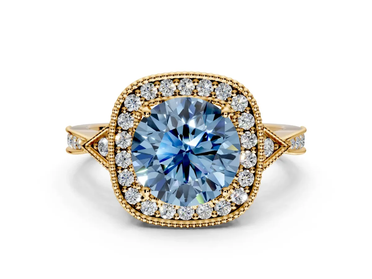 Halo Engagement Ring Setting for Fancy Blue Round Cut Center with Milgrain Rim, Pave Band and Prong Head in Yellow Gold