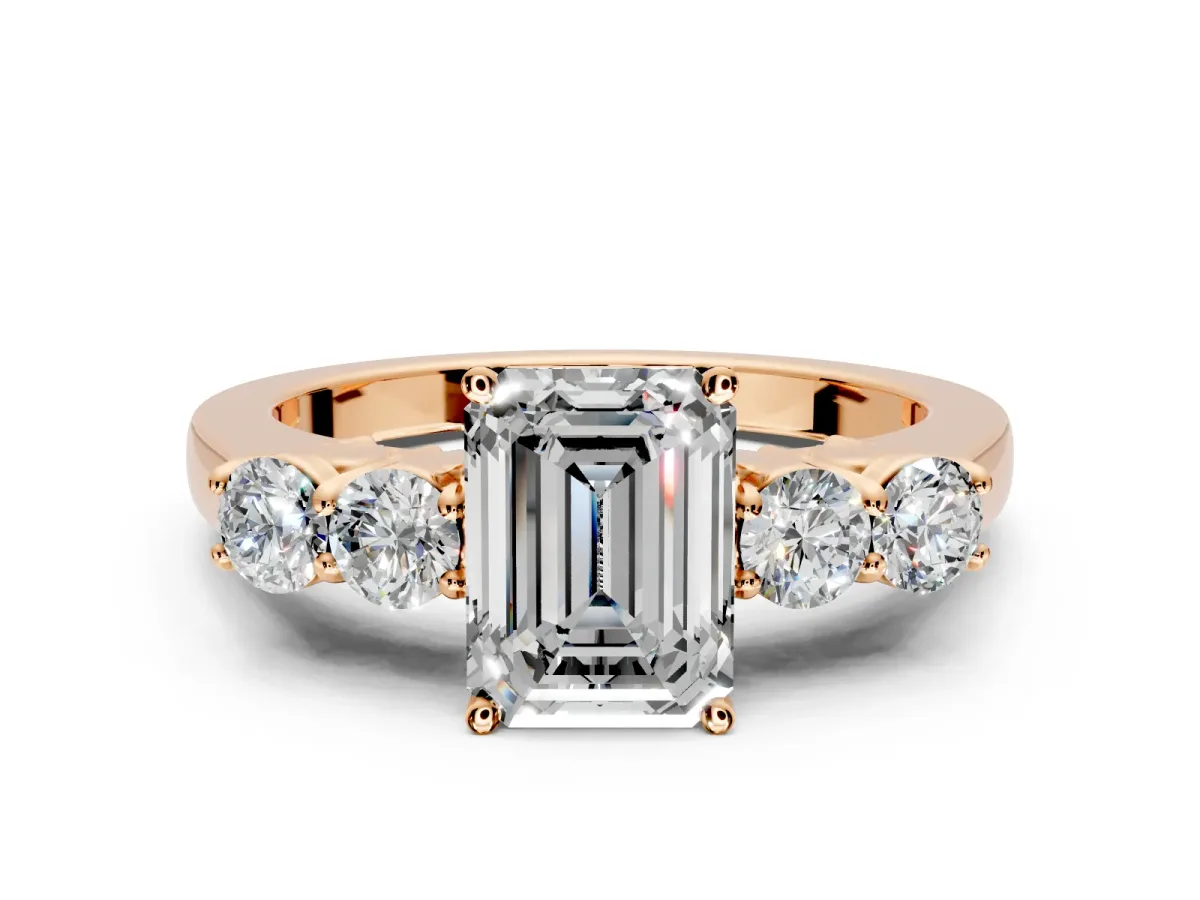 5 Stone Engagement Ring Setting for Emerald Cut Center with Equal Close-Set Accents and Prong Head in Rose Gold