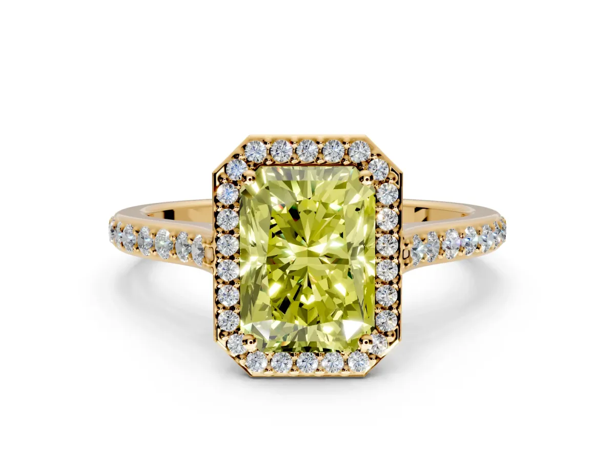 Halo Engagement Ring Setting for Fancy Yellow Radiant Cut Center with Pave Accents, Heart Basket and Prong Head in Yellow Gold