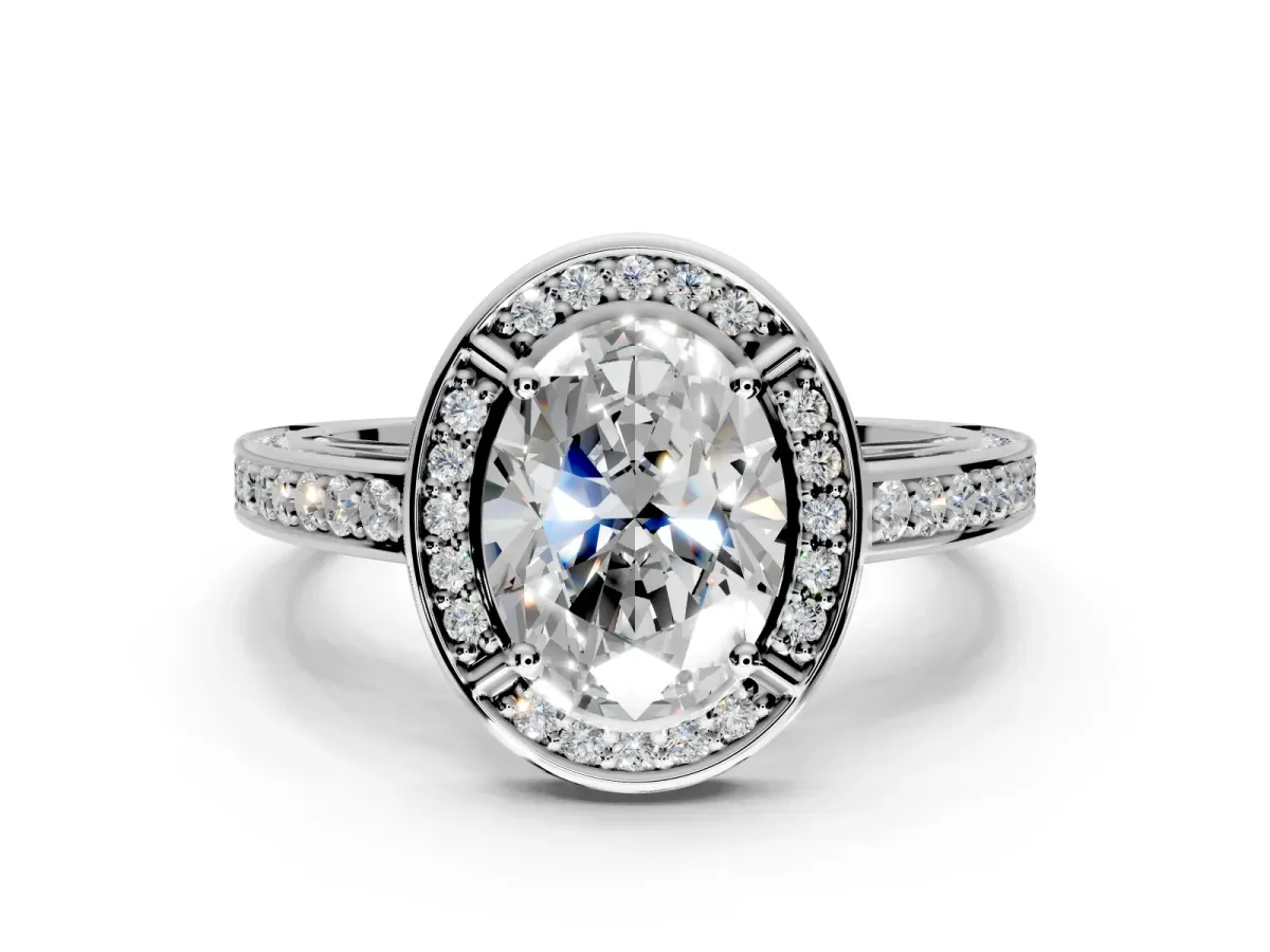 Halo Engagement Ring Setting for Oval Center with Framed Halo, Pave Band and Prong Head in Sterling Silver