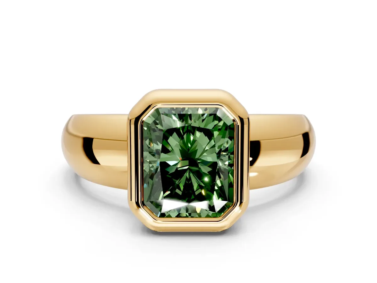 Solitaire Engagement Ring Setting for Fancy Green Radiant Cut Center with Wide Band and Bezel Head in Yellow Gold