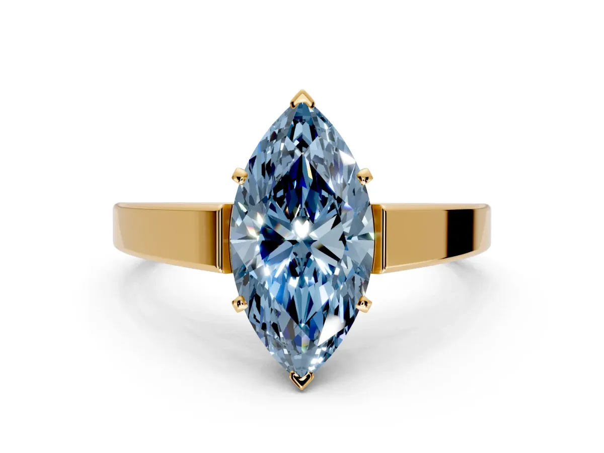 Solitaire Engagement Ring Setting for Fancy Blue Marquise Center with Tapered Split Shoulders and Prong Head in Yellow Gold
