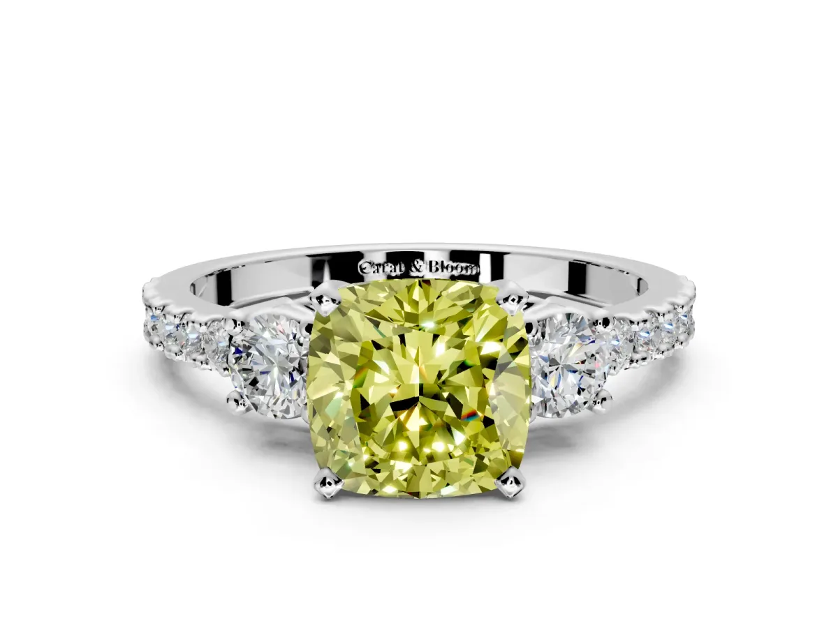 3 Stone Engagement Ring Setting for Fancy Yellow Cushion Cut Center with Round Cut Side Accents and Prong Head in White Gold