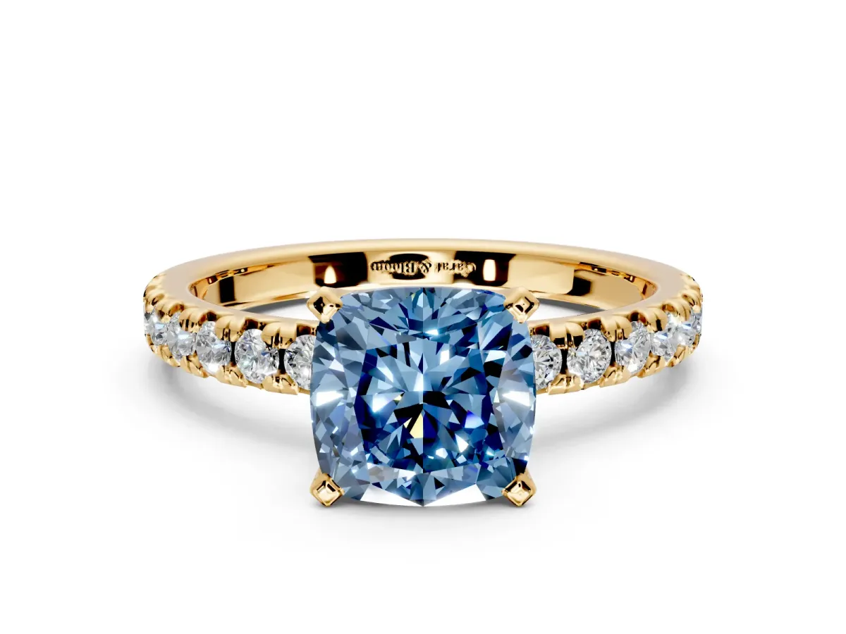 Solitaire Engagement Ring Setting for Fancy Blue Cushion Cut Center with Large Accents and Prong Head in Yellow Gold