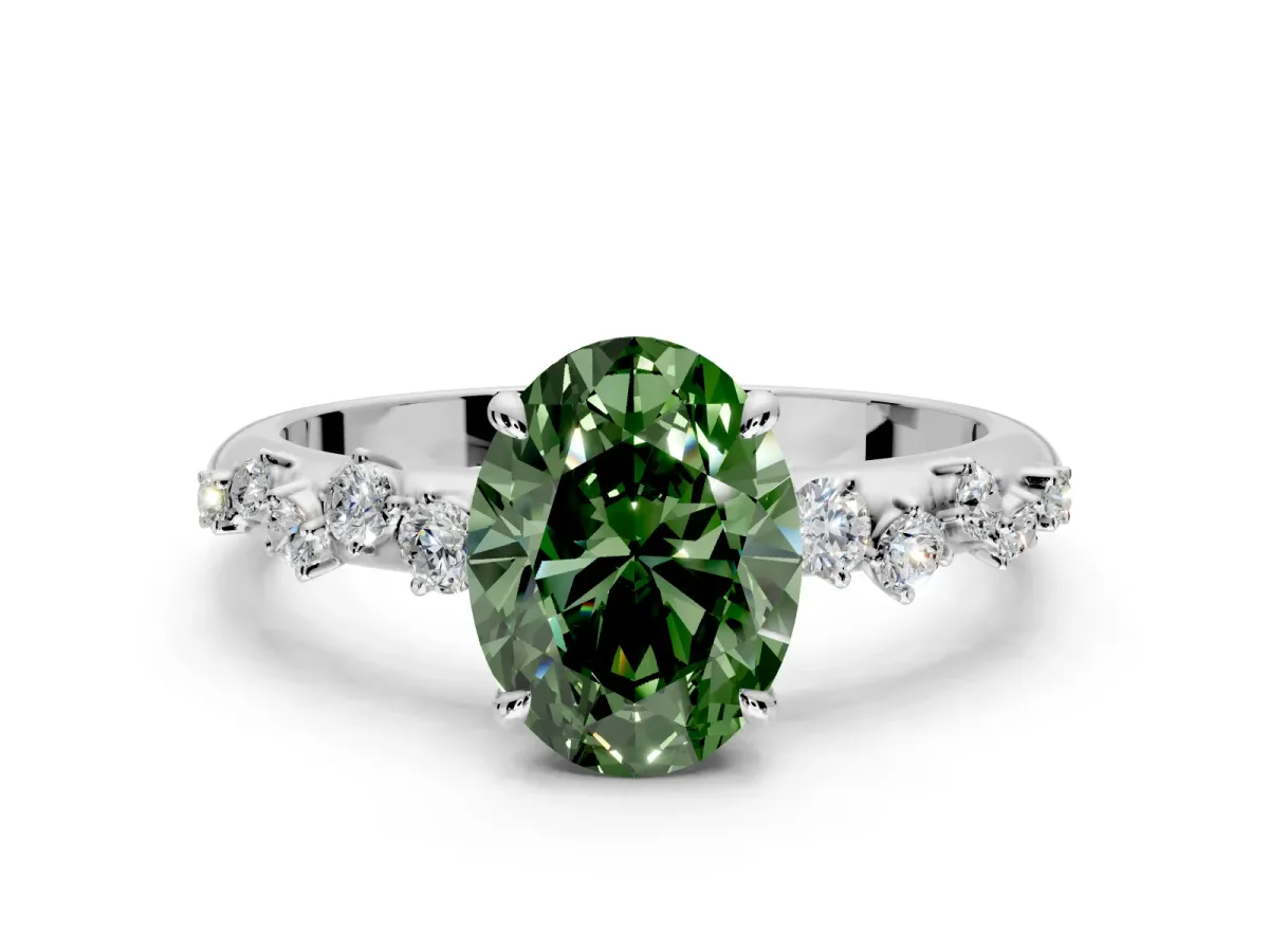 Cluster Engagement Ring Setting for Fancy Green Oval Center with Round Cut Accent Band and Prong Head in Sterling Silver