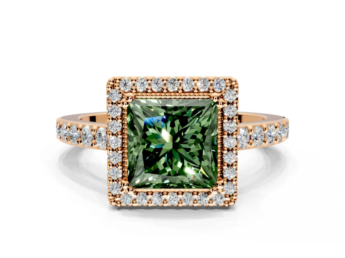 Halo Engagement Ring Setting for Fancy Green Princess Cut Center with Inner Milgrain Border and Prong Head in Rose Gold