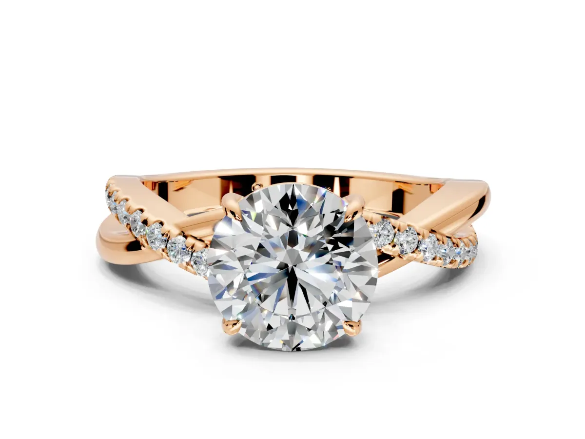 Crossover Engagement Ring Setting for Round Cut Center with Pave and Plain Strands and Prong Head in Rose Gold