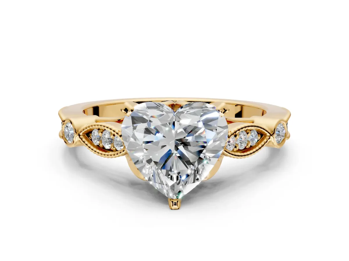 Solitaire Engagement Ring Setting for Heart-Shaped Center with Marquise and Bezel Accents and Prong Head in Yellow Gold