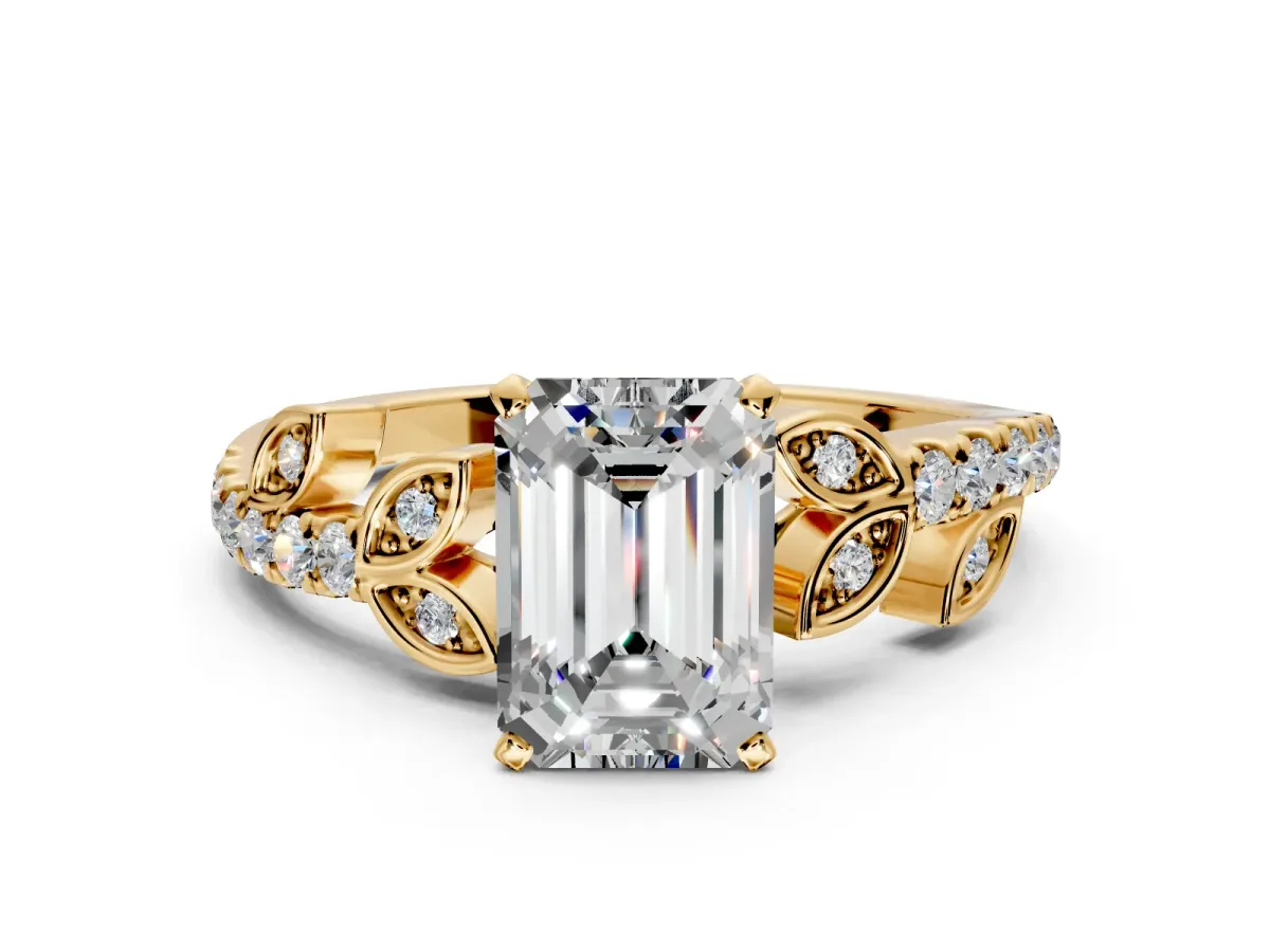 Leaf Motif Engagement Ring Setting for Emerald Cut Center with Pave Band and Prong Head in Yellow Gold