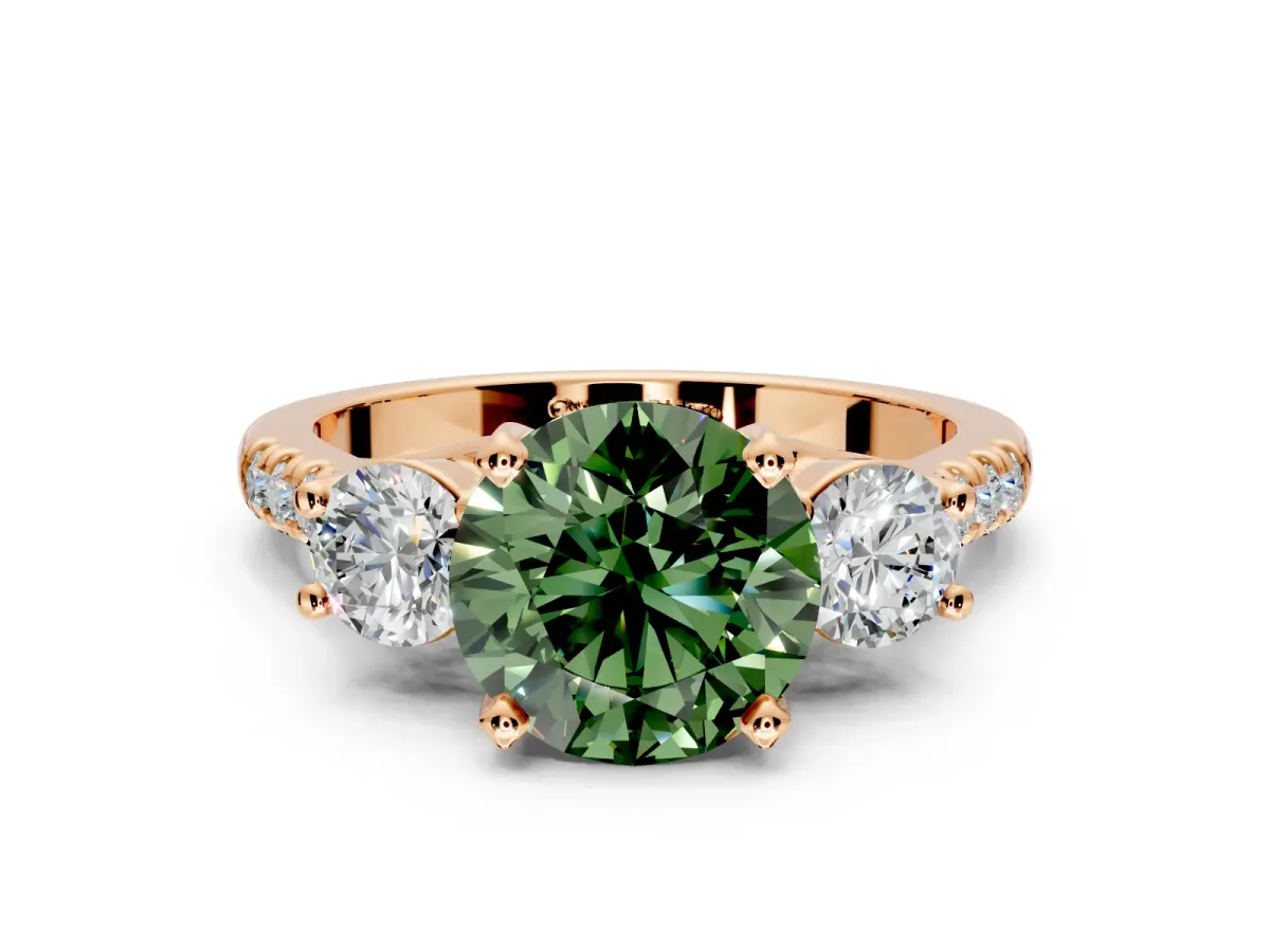 3 Stone Engagement Ring Setting for Fancy Green Round Cut Center with Crossover Basket, Pave Band and Prong Head in Rose Gold