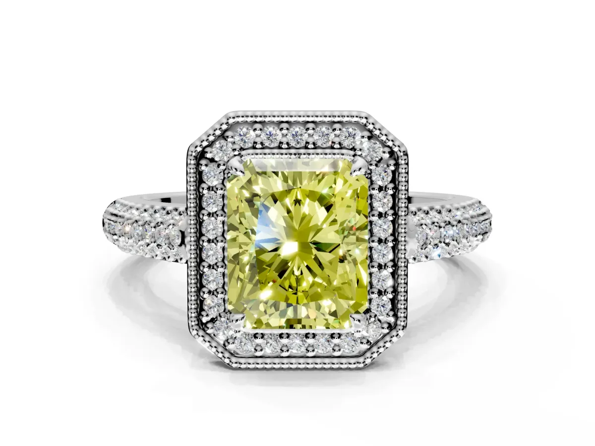 Milgrain Halo Engagement Ring Setting for Fancy Yellow Radiant Cut Center with Three-Sided Pave Band and Prong Head in Sterling Silver