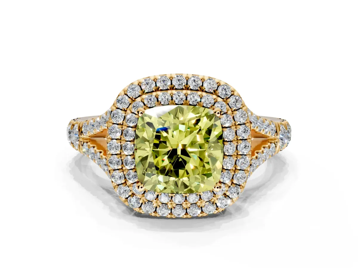 Double Halo Engagement Ring Setting for Fancy Yellow Cushion Cut Center with Narrow Pave Split Shank and Prong Head in Yellow Gold