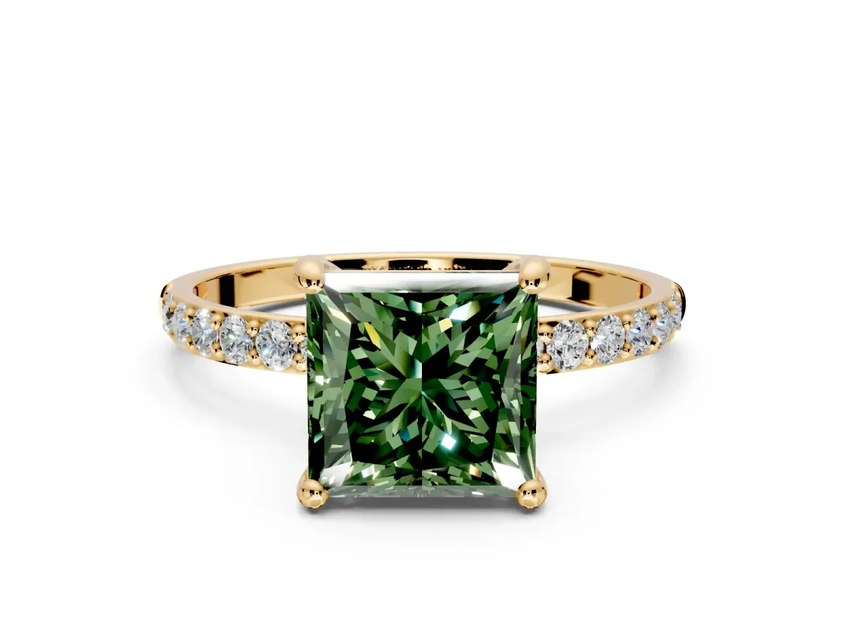 Solitaire Engagement Ring Setting for Fancy Green Princess Cut Center with Pave Accents and Prong Head in Yellow Gold