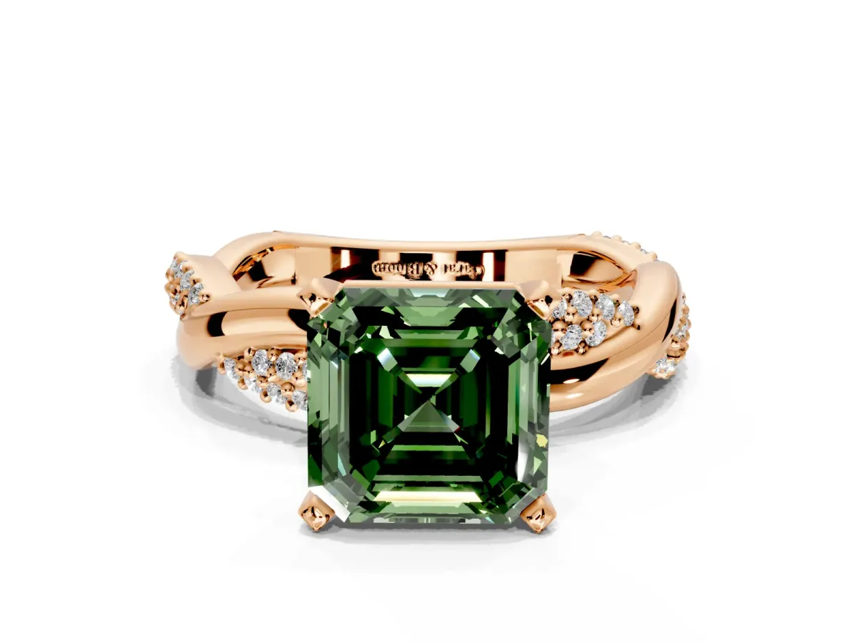 Solitaire Engagement Ring Setting for Fancy Green Asscher Cut Center with Pave and Plain Crossover and Basket Head in Rose Gold