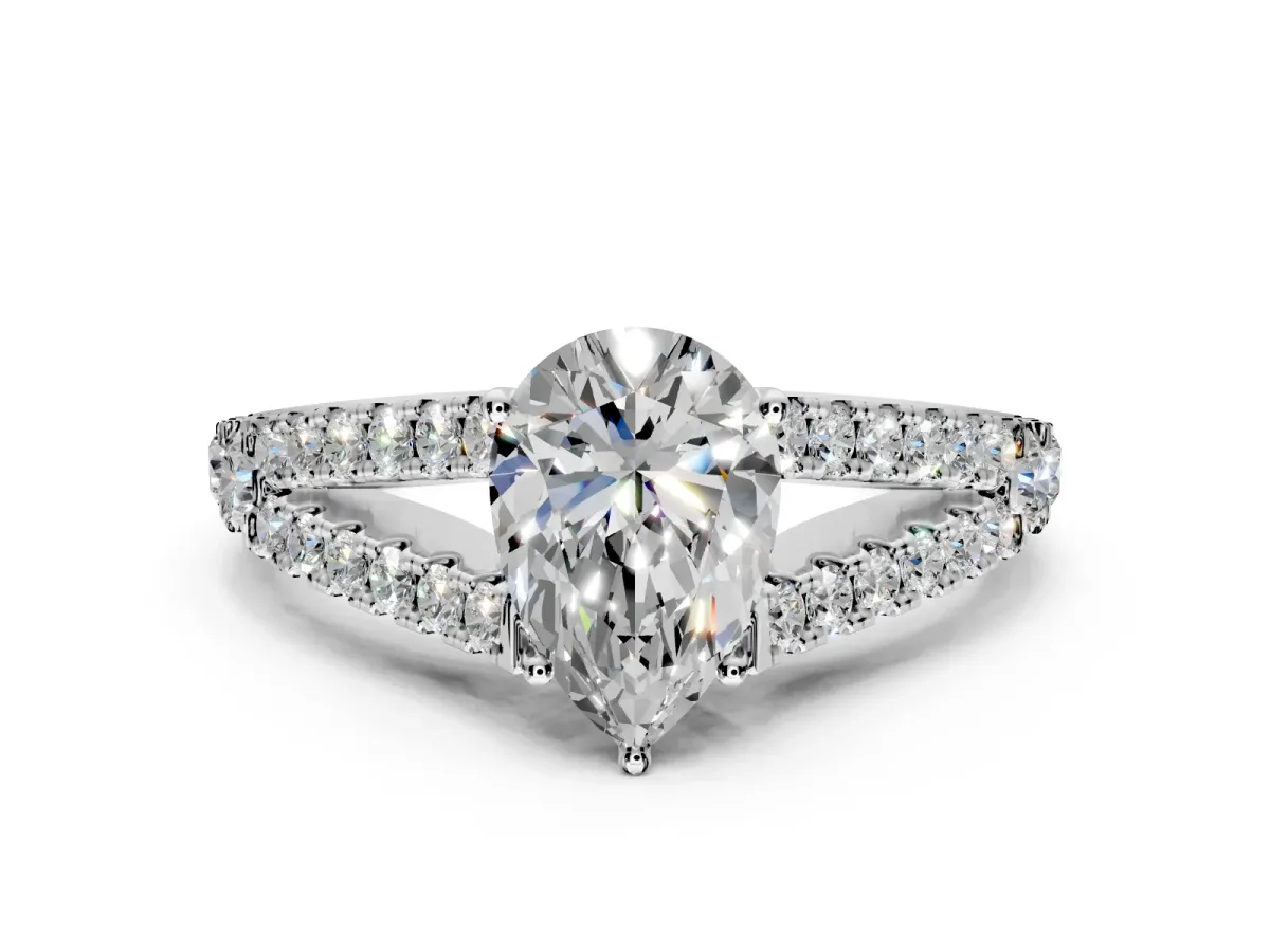 Solitaire Engagement Ring Setting for Pear-Shaped Center with Pave Split Shank and Prong Head in Platinum