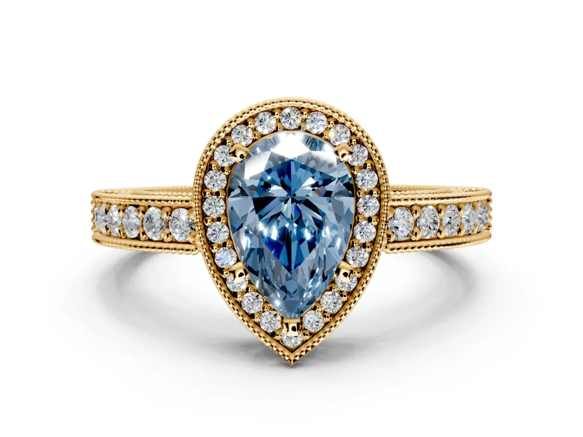 Milgrain Halo Engagement Ring Setting for Fancy Blue Pear-Shaped Center with Wide Pave Band and Prong Head in Yellow Gold