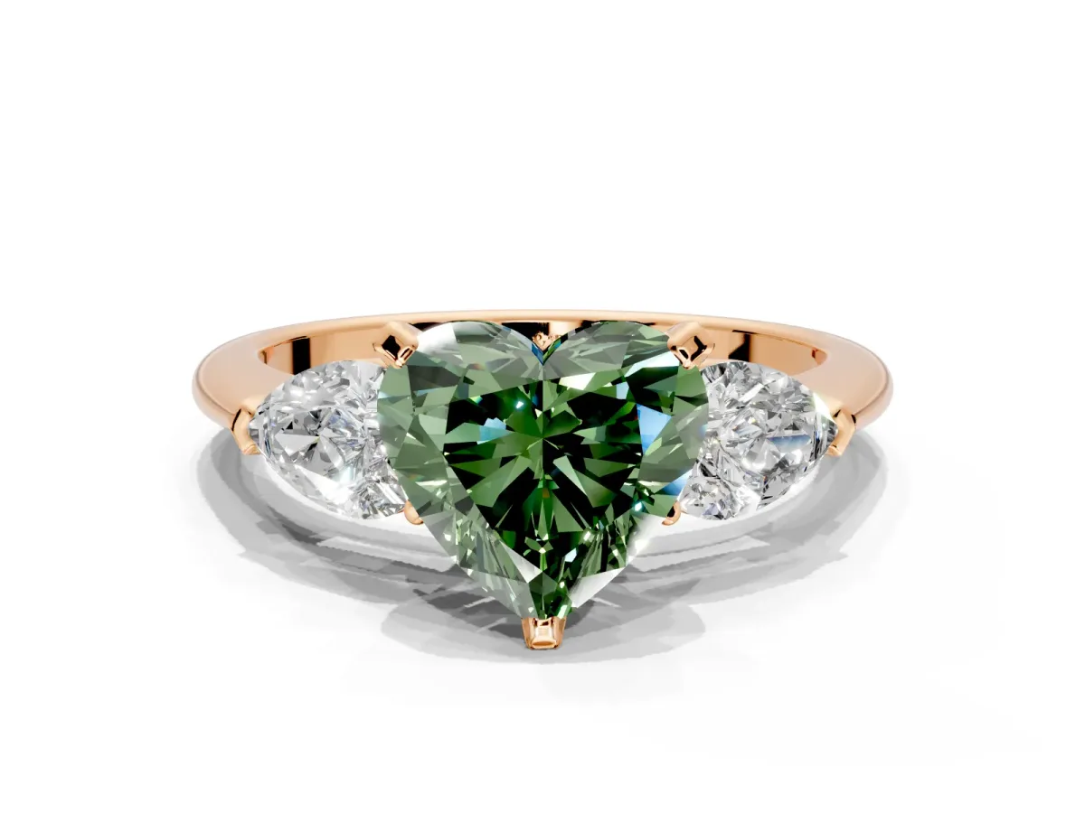 3 Stone Engagement Ring Setting for Fancy Green Heart-Shaped Center with Large Pear-Shaped Accents and Prong Head in Rose Gold