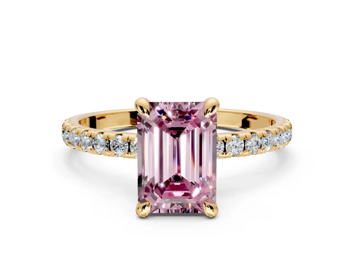 Solitaire Engagement Ring Setting for Fancy Pink Emerald Cut Center with Fine Pave Narrow Band and Prong Head in Yellow Gold
