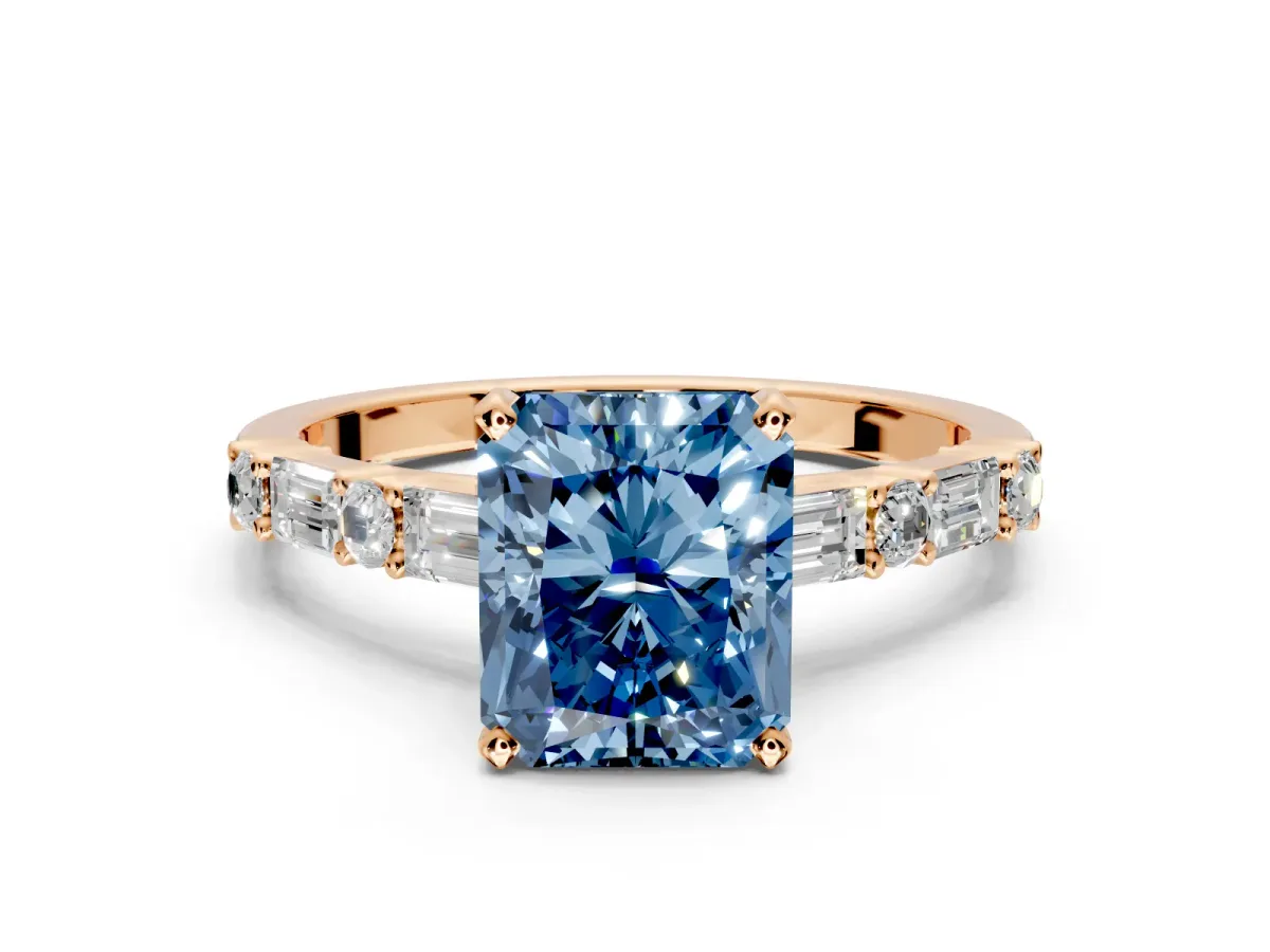 Baguette Engagement Ring Setting for Fancy Blue Radiant Cut Center with Alternating Bar-Set Band and Prong Head in Rose Gold