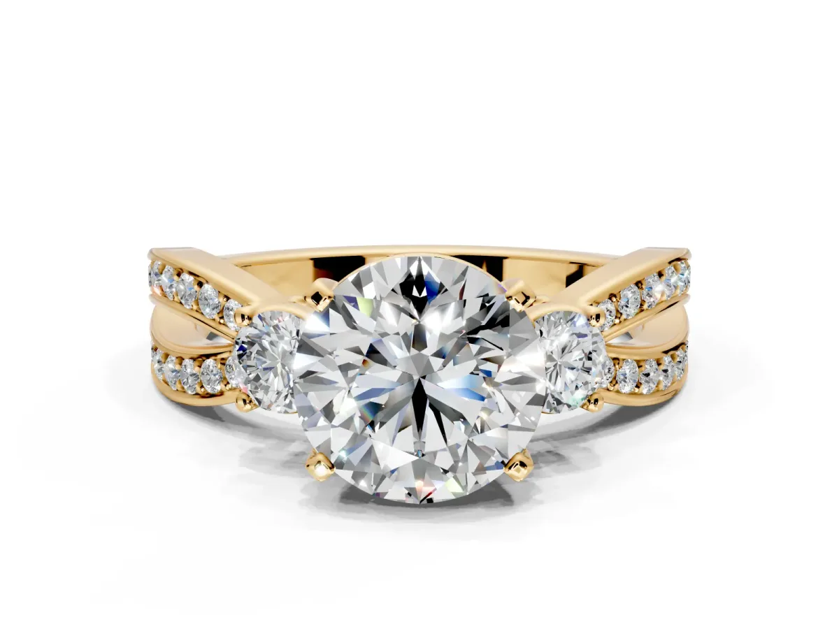 3 Stone Engagement Ring Setting for Round Cut Center with Pave Twist Band and Prong Head in Yellow Gold
