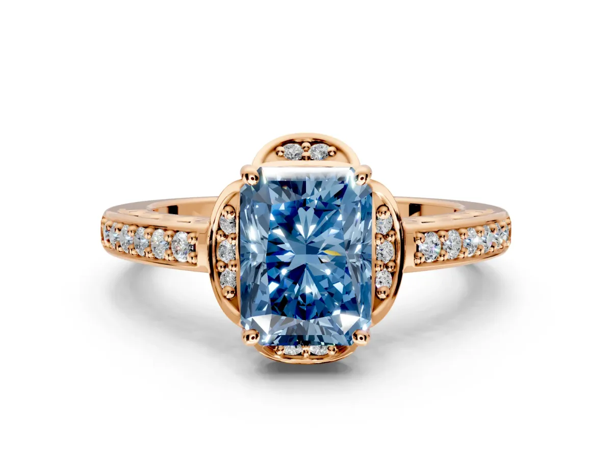 Floral Engagement Ring Setting for Fancy Blue Radiant Cut Center with Four Accent Clusters and Prong Head in Rose Gold