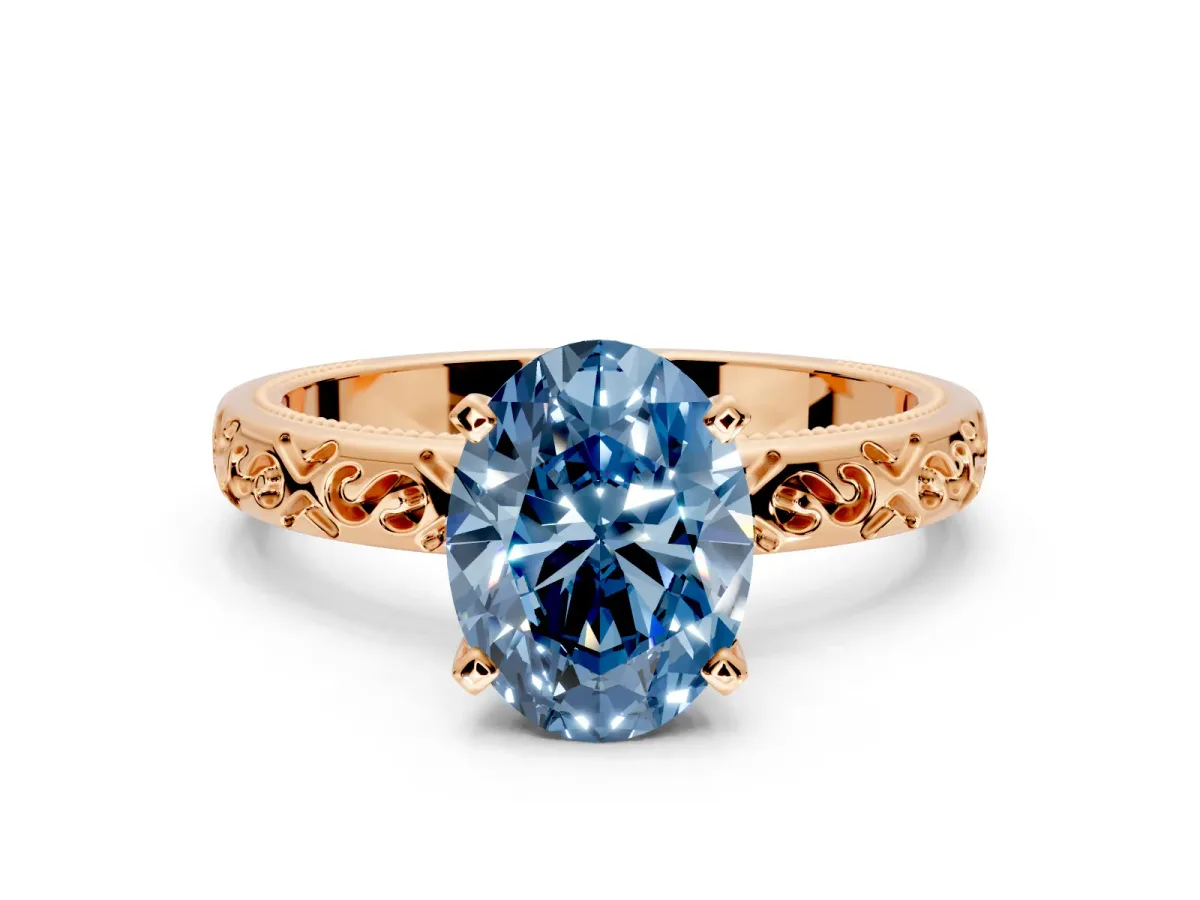 Solitaire Engagement Ring Setting for Fancy Blue Oval Center with Scrollwork Band and Prong Head in Rose Gold