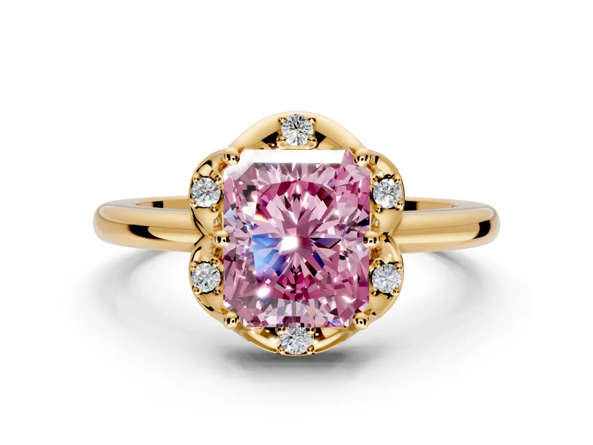 Floral Frame Engagement Ring Setting for Fancy Pink Radiant Cut Center with Accent Clusters and Prong Head in Yellow Gold