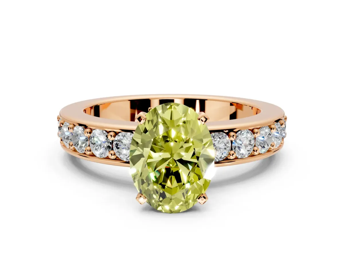 Solitaire Engagement Ring Setting for Fancy Yellow Oval Center with Channel-Set Accents and Prong Head in Rose Gold