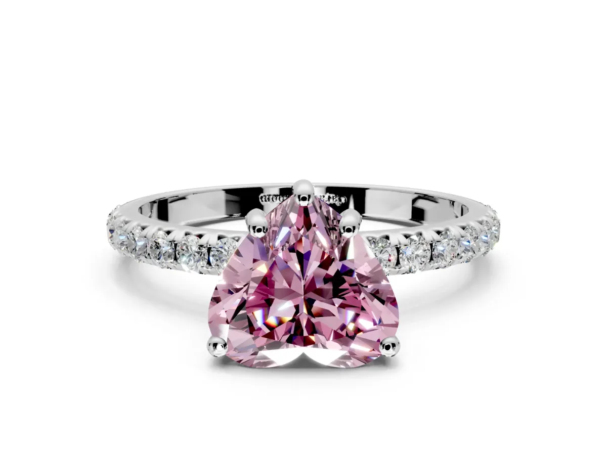 Solitaire Engagement Ring Setting for Fancy Pink Heart-Shaped Center with Micro Pave Band and Prong Head in Platinum