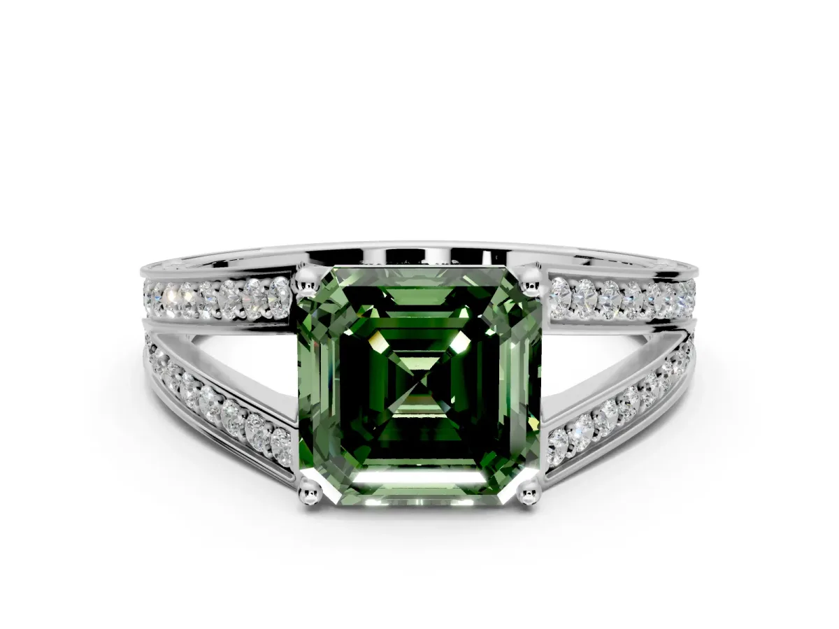 Split Shank Engagement Ring Setting for Fancy Green Asscher Cut Center with Pave Split Shank and Prong Head in Platinum