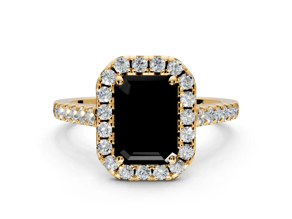 Halo Engagement Ring Setting for Fancy Black Emerald Cut Center with Narrowing Pave Band and Prong Head in Yellow Gold