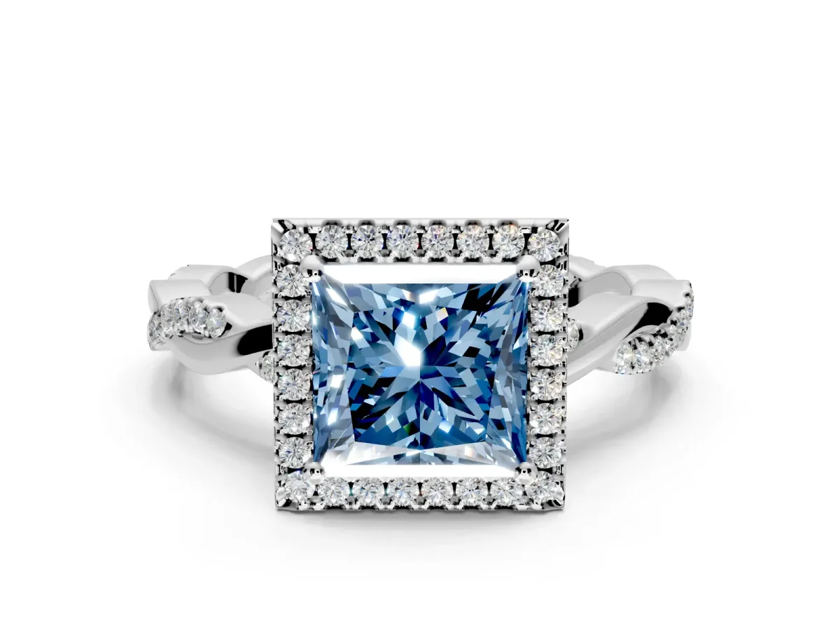 Halo Engagement Ring Setting for Fancy Blue Princess Cut Center with Pave and Plain Twist Band and Prong Head in White Gold