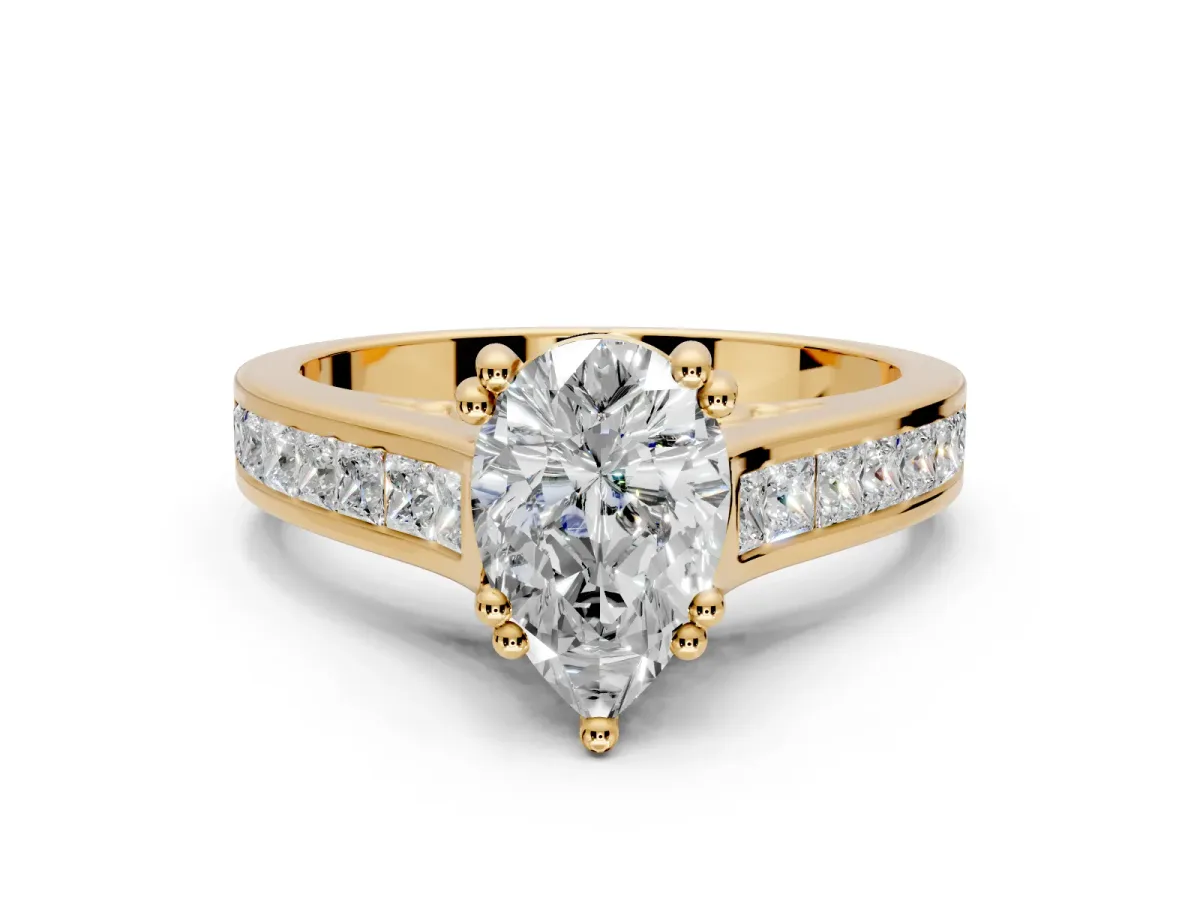 Solitaire Engagement Ring Setting for Pear-Shaped Center with Channel Band and Double Claw Prong Head in Yellow Gold