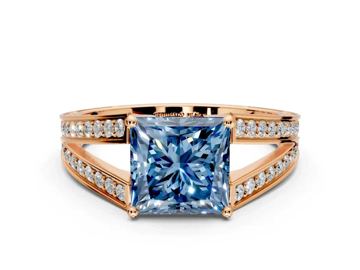 Split Shank Engagement Ring Setting for Fancy Blue Princess Cut Center with Pave Split Shank and Prong Head in Rose Gold
