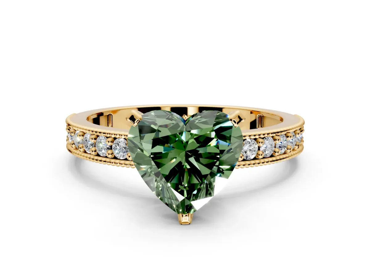 Milgrain Pave Engagement Ring Setting for Fancy Green Heart-Shaped Center with Accent Band and Prong Head in Yellow Gold