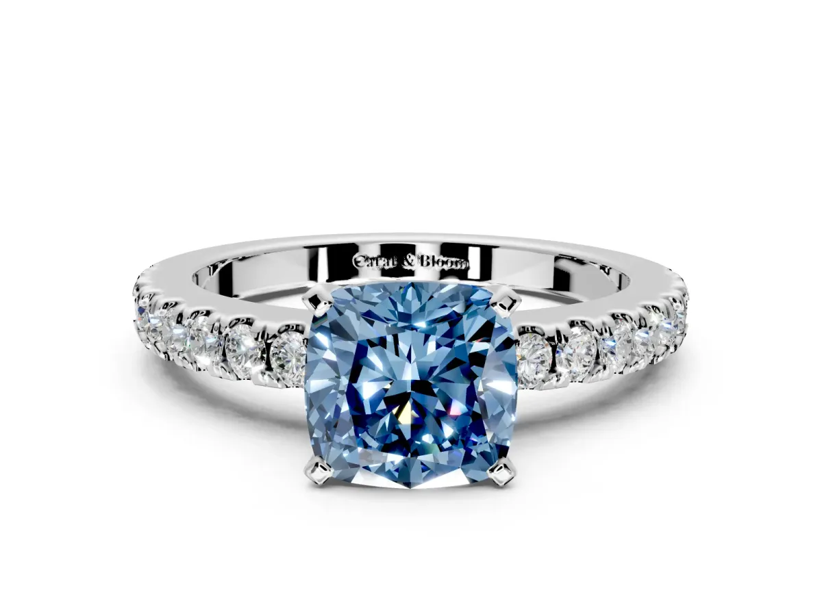Solitaire Engagement Ring Setting for Fancy Blue Cushion Cut Center with Single Row Accent Band and Prong Head in White Gold
