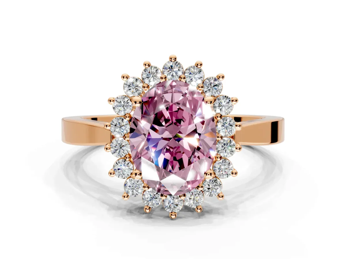 Starburst Halo Engagement Ring Setting for Fancy Pink Oval Center with Flat Cathedral Band and Prong Head in Rose Gold
